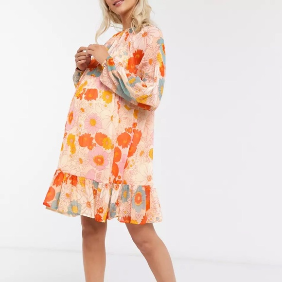 ASOS DESIGN Maternity tiered smock mini dress in retro floral print size US 24 - Picture 2 of 4